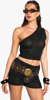 Sequin Gebreide Transparante Asymmetrische One-Shoulder Gebreide Top, Black - L