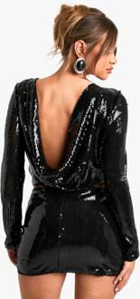 Sequin Top Met Lange Mouwen En Cowl Back, Black - 34