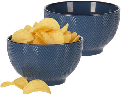 Serveer/chips schaaltje Fishbone - 2x - blauw - 14 x 8 cm - keramiek - kommetjes - 680 ml