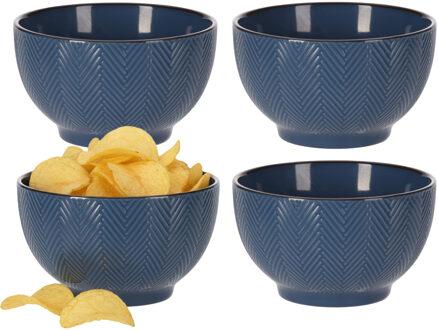 Serveer/chips schaaltje Fishbone - 4x - blauw - 14 x 8 cm - keramiek - kommetjes - 680 ml