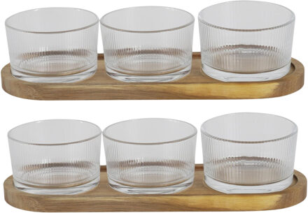 Serveerplank - 2x - acacia hout - 28 x 10 cm - incl 3 schaaltjes - tapasplank