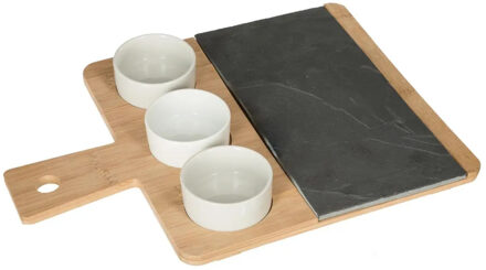 Serveerplank/borrelplank hapjes/saus/tapas - bamboe - bruin - incl. 3x schaaltjes