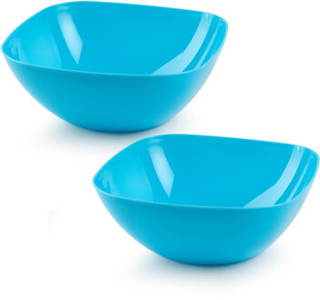 Serveerschaal/saladeschaal - 2x stuks - D28 x H11 cm - kunststof - blauw - vierkant