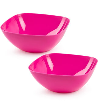 Serveerschaal/saladeschaal - 2x stuks - D28 x H11 cm - kunststof - fuchsia roze - vierkant
