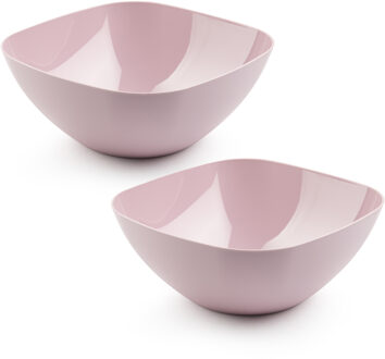 Serveerschaal/saladeschaal - 2x stuks - D28 x H11 cm - kunststof - roze - vierkant