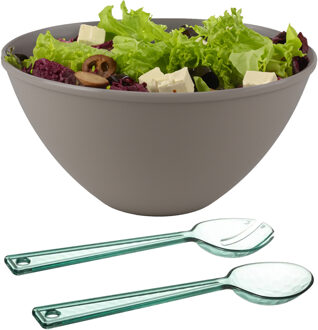 Serveerschaal/slakom - beige - kunststof - 5 liter - met sla bestek/couvert