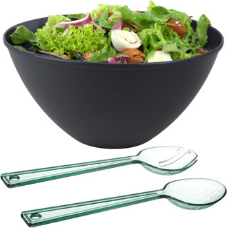 Serveerschaal/slakom - donkerblauw - kunststof - 5 liter - met sla bestek/couvert