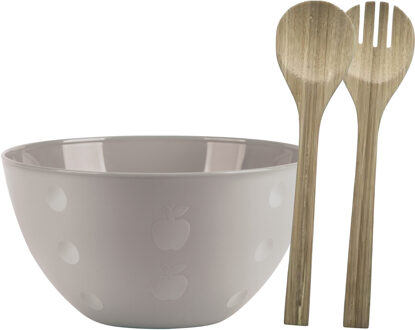 Serveerschaal/slakom met bamboe sla bestek - beige - 5 liter - kunststof - D26 x H14 cm - Serveerschalen