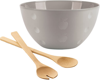 Serveerschaal/slakom met bamboe sla bestek - beige - 5 liter - kunststof - D26 x H14 cm