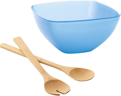 Serveerschaal/slakom met bamboe sla bestek - blauw - 2,75 liter - kunststof - D22,5 x H9,5 cm