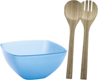 Serveerschaal/slakom met bamboe sla bestek - blauw - 2,75 liter - kunststof - D22,5 x H9,5 cm