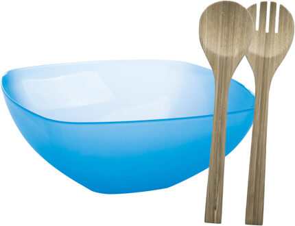 Serveerschaal/slakom met bamboe sla bestek - blauw - 5,5 liter - kunststof - D30 x H12 cm
