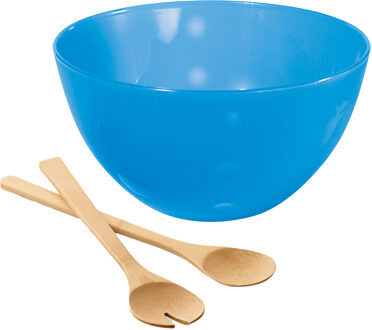 Serveerschaal/slakom met bamboe sla bestek - blauw - 5 liter - kunststof - D26 x H14 cm