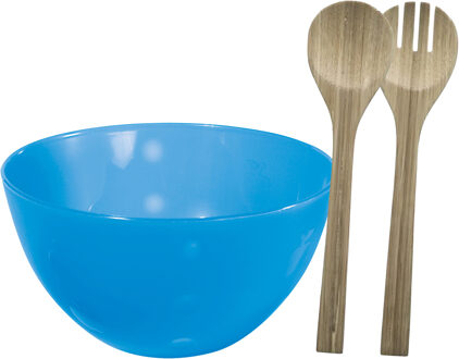 Serveerschaal/slakom met bamboe sla bestek - blauw - 5 liter - kunststof - D26 x H14 cm