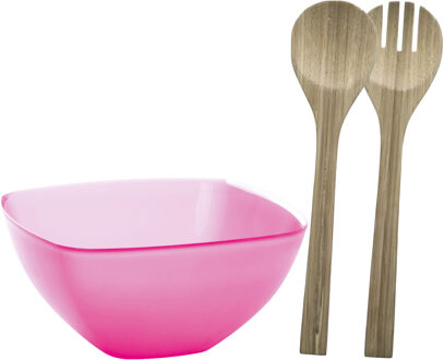 Serveerschaal/slakom met bamboe sla bestek - fuchsia roze - 2,75 liter - kunststof - D22,5 x H9,5 cm - Serveerschalen