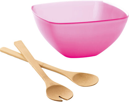 Serveerschaal/slakom met bamboe sla bestek - fuchsia roze - 2,75 liter - kunststof - D22,5 x H9,5 cm