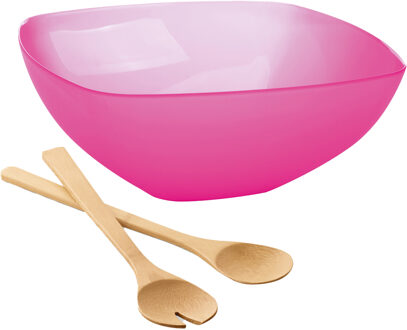 Serveerschaal/slakom met bamboe sla bestek - fuchsia roze - 5,5 liter - kunststof - D30 x H12 cm