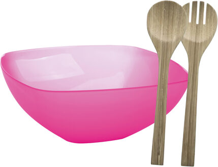 Serveerschaal/slakom met bamboe sla bestek - fuchsia roze - 5,5 liter - kunststof - D30 x H12 cm