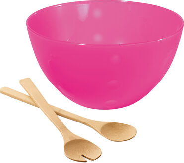 Serveerschaal/slakom met bamboe sla bestek - fuchsia roze - 5 liter - kunststof - D26 x H14 cm