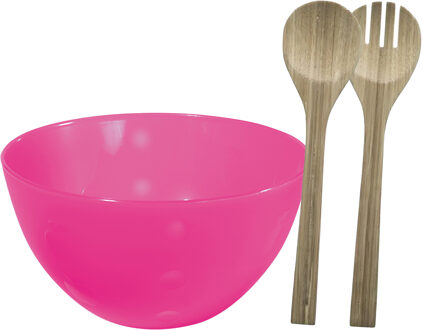 Serveerschaal/slakom met bamboe sla bestek - fuchsia roze - 5 liter - kunststof - D26 x H14 cm