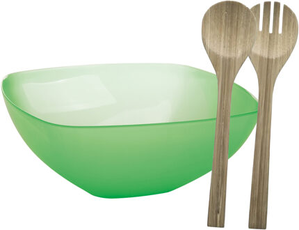 Serveerschaal/slakom met bamboe sla bestek - groen - 5,5 liter - kunststof - D30 x H12 cm