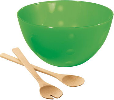 Serveerschaal/slakom met bamboe sla bestek - groen - 5 liter - kunststof - D26 x H14 cm
