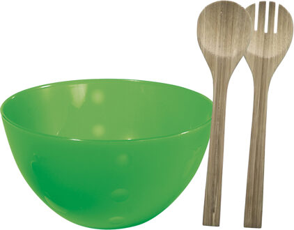 Serveerschaal/slakom met bamboe sla bestek - groen - 5 liter - kunststof - D26 x H14 cm