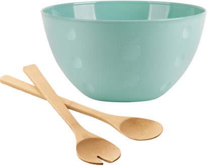 Serveerschaal/slakom met bamboe sla bestek - pastel groen - 5 liter - kunststof - D26 x H14 cm - Serveerschalen