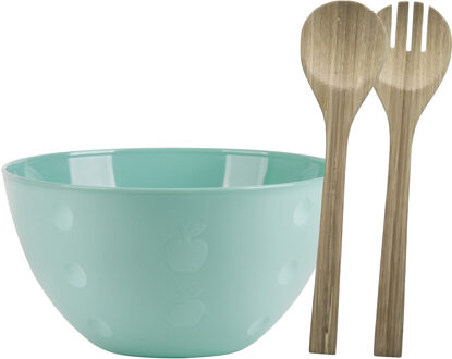 Serveerschaal/slakom met bamboe sla bestek - pastel groen - 5 liter - kunststof - D26 x H14 cm - Serveerschalen