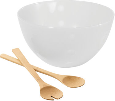 Serveerschaal/slakom met bamboe sla bestek - wit - 5 liter - kunststof - D26 x H14 cm