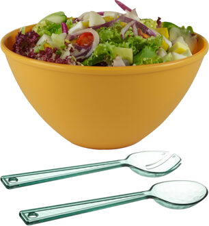 Serveerschaal/slakom - okergeel - kunststof - 5 liter - met sla bestek/couvert