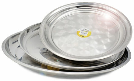 serveerschalen/dienbladen set - plat - rond - zilver - rvs - Dia 30/35/40 cm - voedsel server