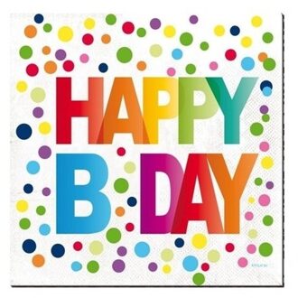 Servetten - 40x - papieren - 33x33 cm - Happy B-day - stippen - verjaardagsversiering Multi