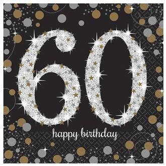Servetten 60 jaar Sparkling Celebration Zwart, Zilver - Grijs, Goud - Brons