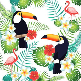 Servetten Hawaii/jungle thema - 40 x 40 cm - 20x stuks - Flamingo/toekan print - Feestservetten Multikleur