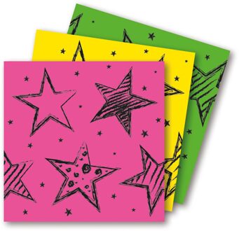 servetten sterren 33 cm papier roze/groen/geel 16 stuks