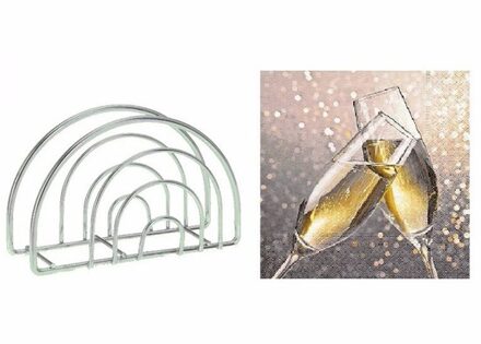 Servettenhouder met kerst servetten champagneglazen