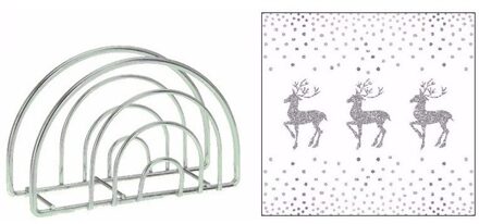 Servettenhouder met kerst servetten rendier/stippen wit/zilver Multi