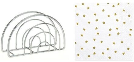 Servettenhouder met kerst servetten wit/gouden sterren