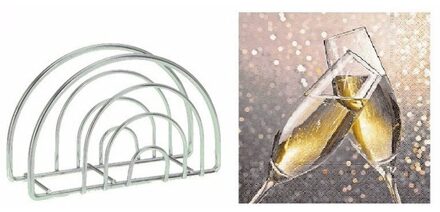 Servettenhouder met Nieuwjaars servetten champagneglas goud