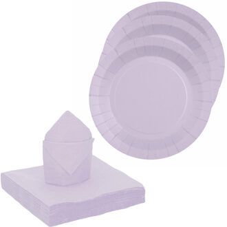 servies set karton - 10x bordjes/20x servetten - lila paars - Feestbordjes