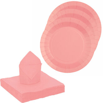servies set karton - 10x bordjes/25x servetten - roze - Feestbordjes