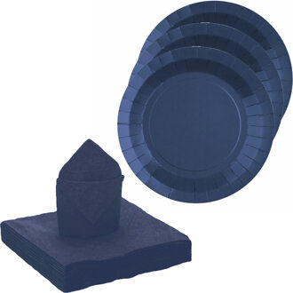 servies set karton - 20x bordjes/20x servetten - kobalt blauw - Feestbordjes