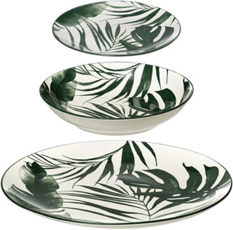 Servies set Palm Leaf - 18-delig - groen - aardewerk dinerservies - tafelservies - 6 personen