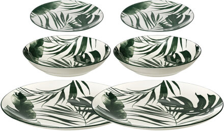 Servies set Palm Leaf - 2x - 36-delig - groen - aardewerk dinerservies - tafelservies - 12 personen