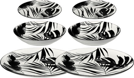 Servies set Palm Leaf - 2x - 36-delig - zwart - aardewerk dinerservies - tafelservies - 12 personen