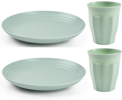 Servies van kunststof - 6x dinerborden en 6x drinkbekers - mintgroen