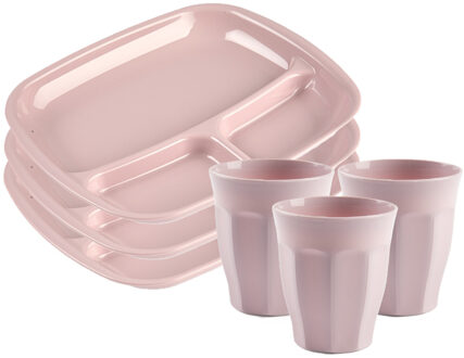 Servies van kunststof - 6x vakjesborden en 6x drinkbekers - roze