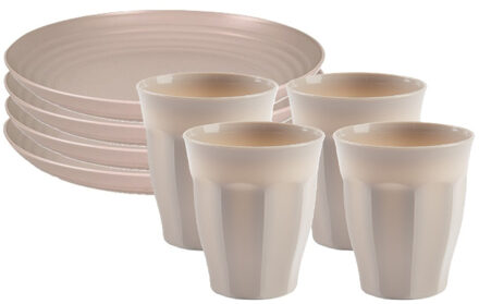 Servies van kunststof - 8x dinerborden en 8x drinkbekers - beige