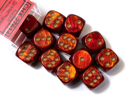 Set 12 6-zijdig, 16mm Scarab Scarlet w/gold